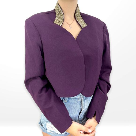 VINTAGE 90s Purple Blazer with Gold Rhinestone Studded Collar - Picture 5 of 5